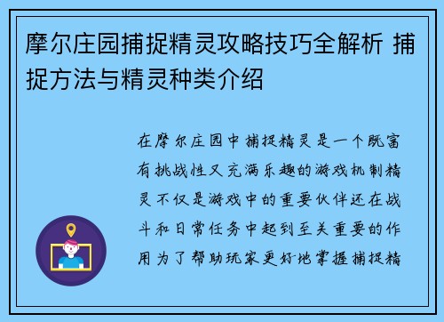 摩尔庄园捕捉精灵攻略技巧全解析 捕捉方法与精灵种类介绍