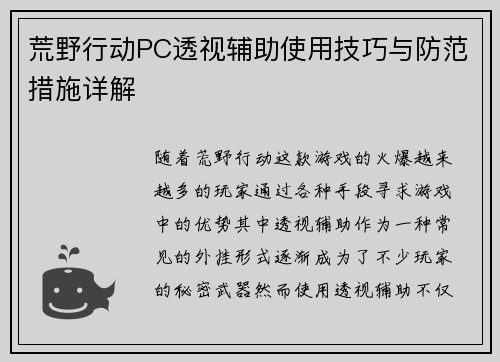 荒野行动PC透视辅助使用技巧与防范措施详解